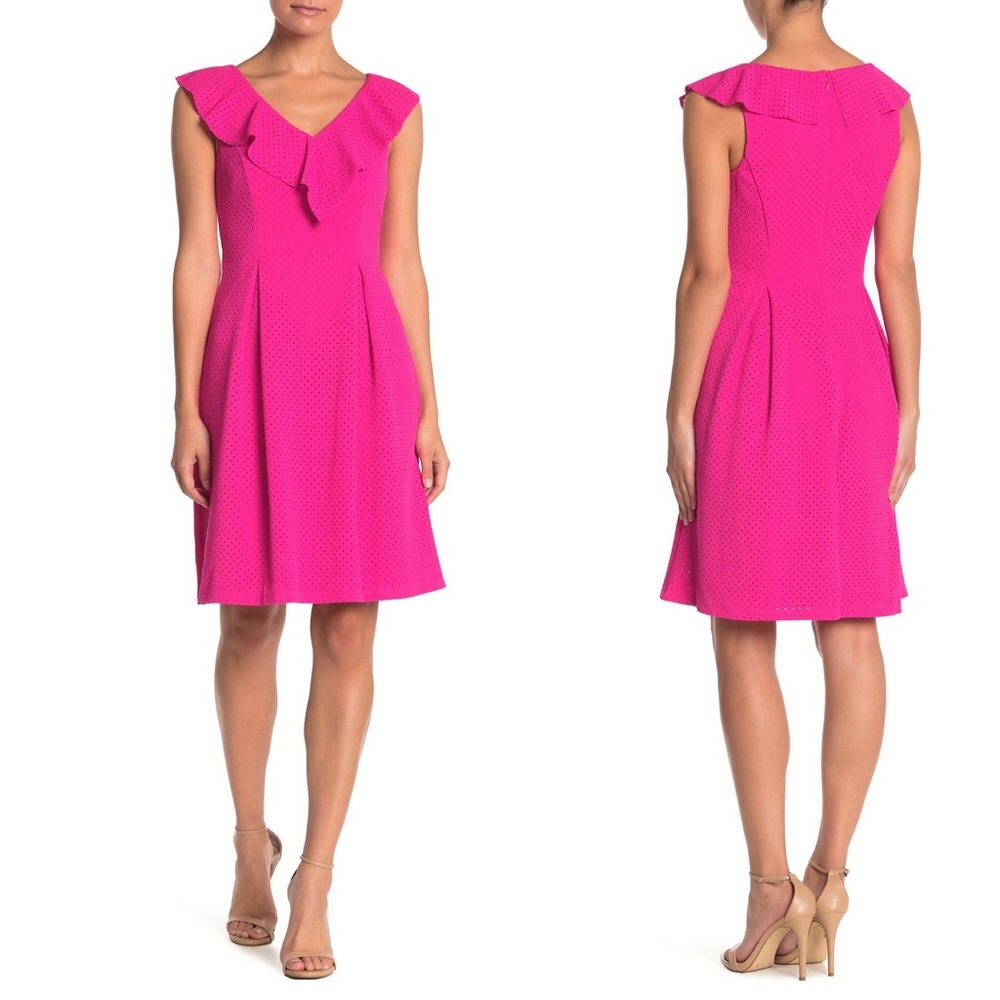 Eliza J Vibrant Bright Pink Perforated Flare Dress Ruffle Neck Valentine's Day